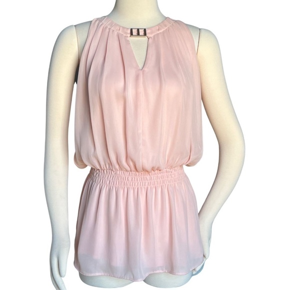 Sleeveless Pink Top with Keyhole Neckline And Smocked Waist Blouson Bodice Sz M - Picture 1 of 8